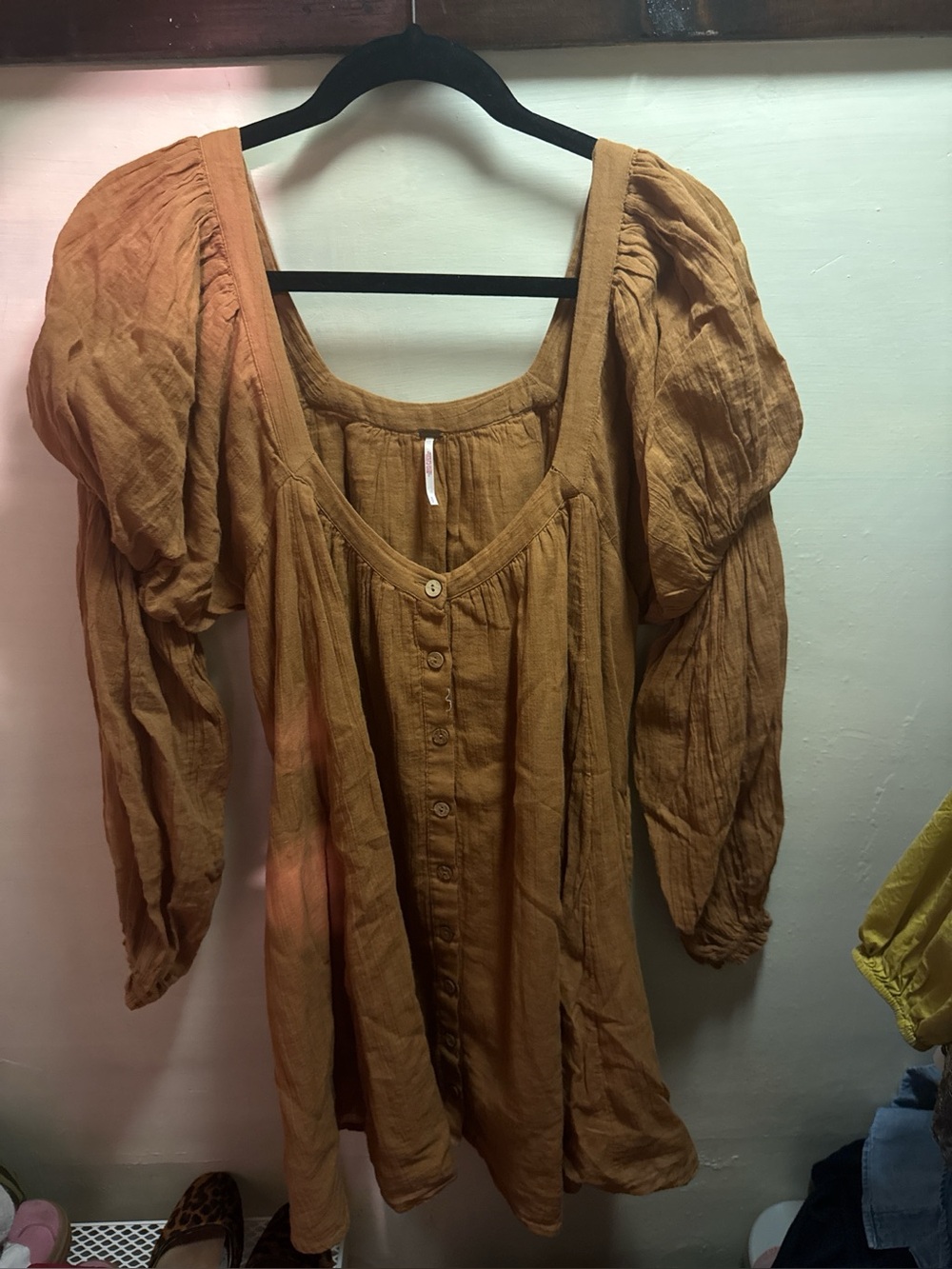 Free People Mustard Puff-Sleeve Button-Front Dress